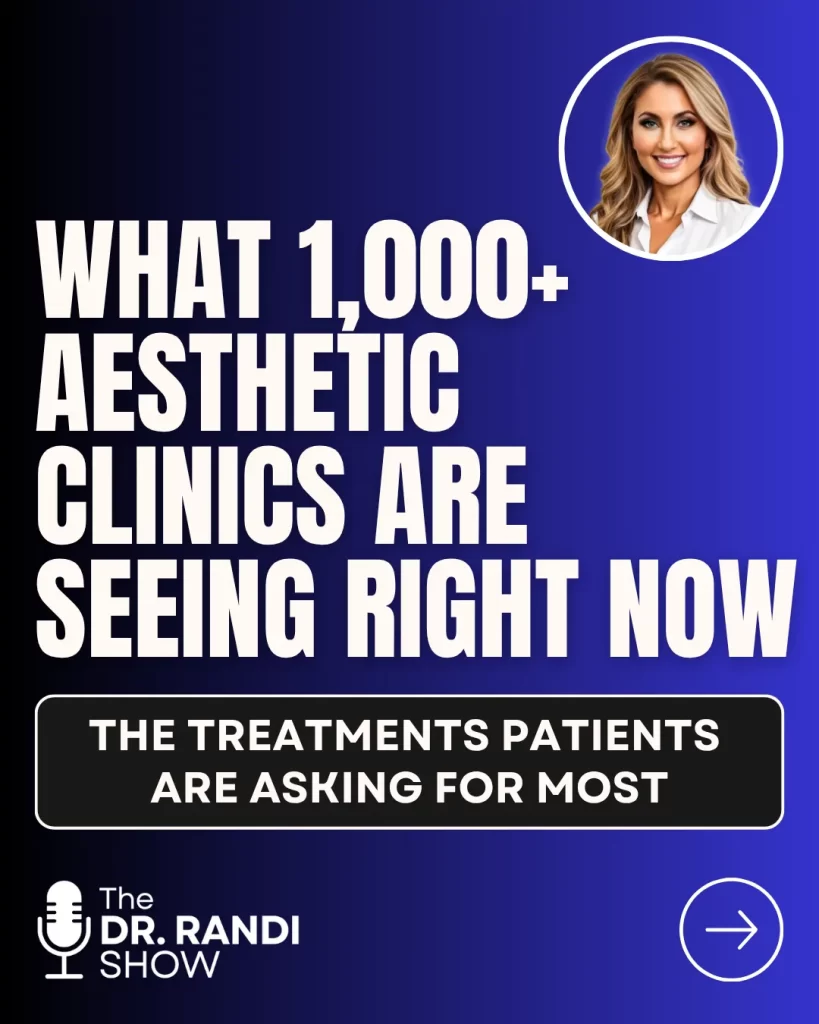 Cover slide for The Dr. Randi Show with a headshot of Dr. Randi Boyette on a blue gradient background. Bold headline reads "What 1,000+ Aesthetic Clinics Are Seeing Right Now," with a subhead in a black rounded box: "The treatments patients are asking for most." A forward arrow icon in the lower right indicates a swipeable carousel.